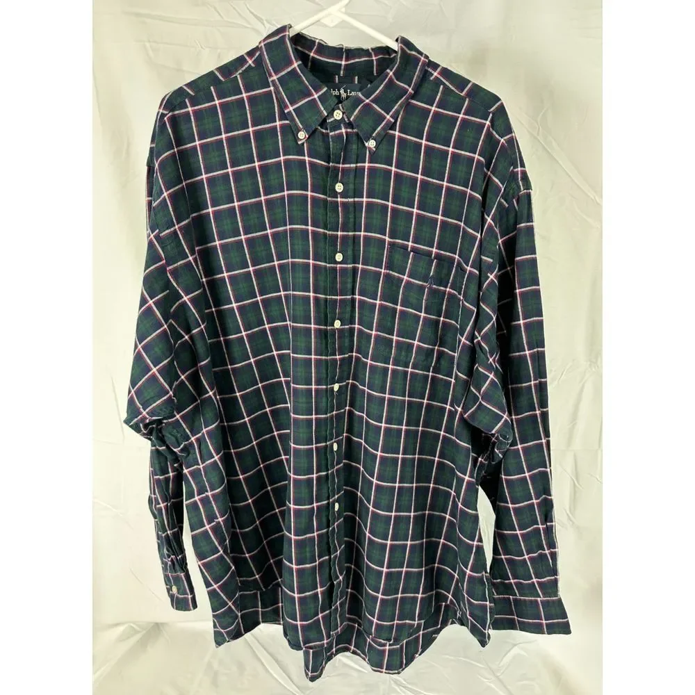 Ralph Lauren Big Shirt Men's 2XL Green Red Plaid Long‎ Sleeve Button Down Shirt